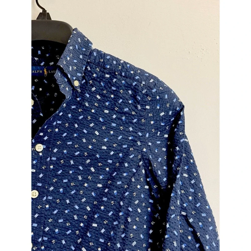 Ralph Lauren Boys Sz S/8 Nautical Seersucker Long Sleeve Button Down Shirt, Navy